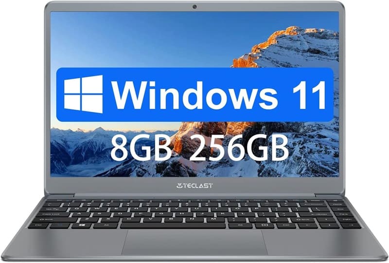 Laptop TECLAST con Windows 11, 8GB RAM e 256GB SSD.